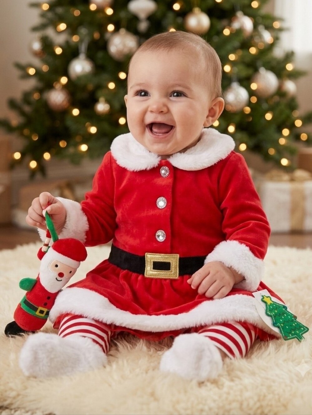 Baby Santa Dress with Faux Fur Trim And Leggings